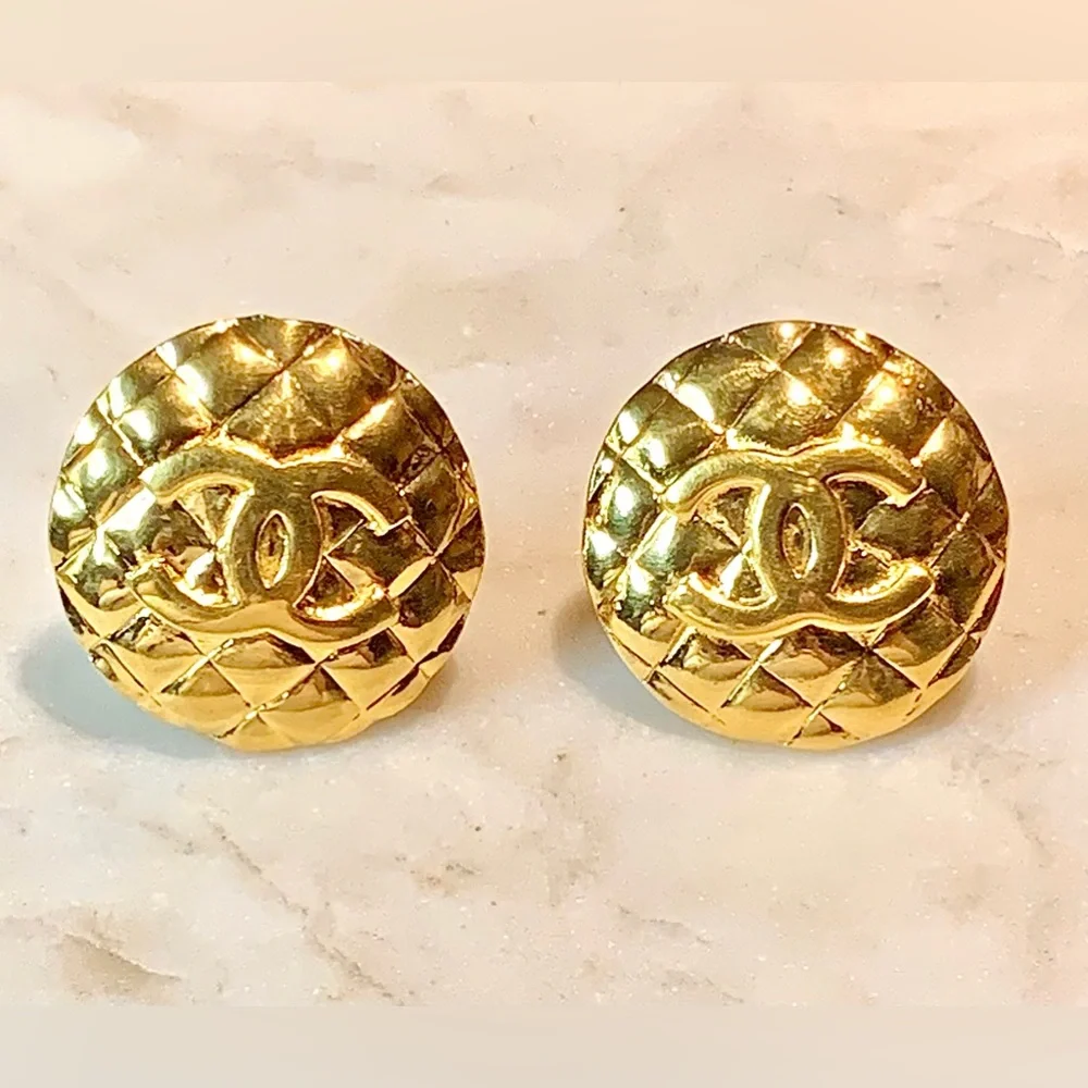 CHANEL COCO MATELASSE EARRINGS GOLD PLATED VINTAGE 1 1/2 INCH FRANCE JUMBO
